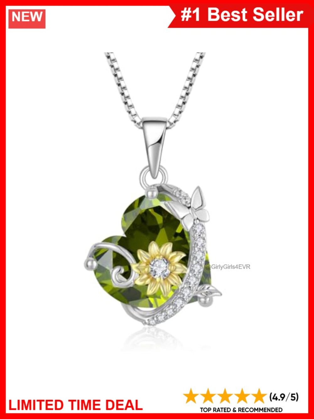 925 Sterling Silver Heart Birthstone Pendant Necklace Sunflower Butterfly